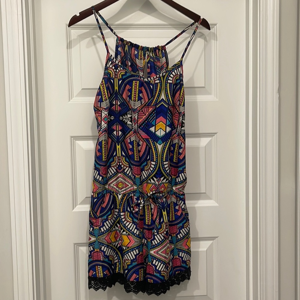 Aztec Geometric colorful abstract print Romper lace detail harmony + havoc